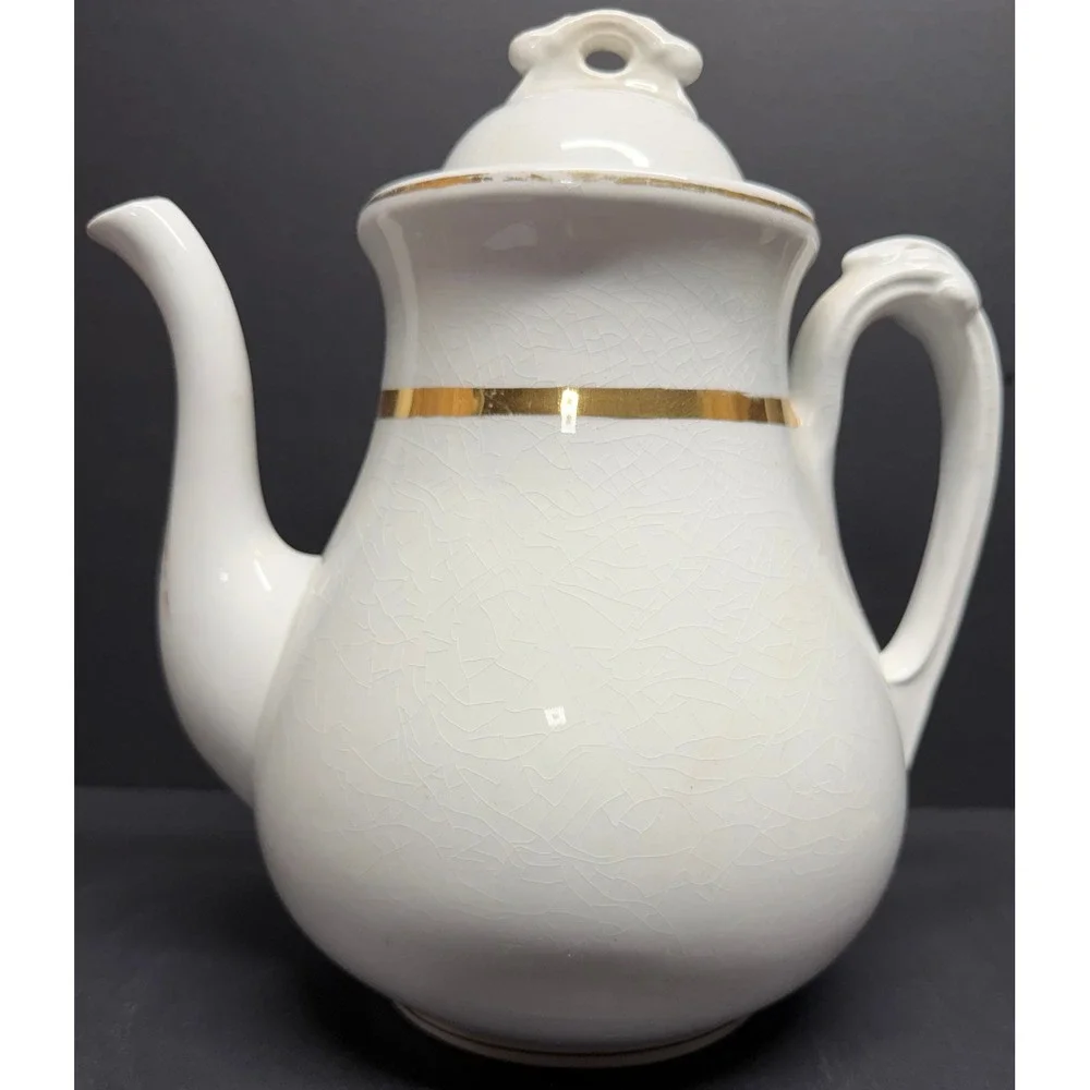 1891 Antique Alfred Meakin Royal Ironstone China Teapot Gold Band England White